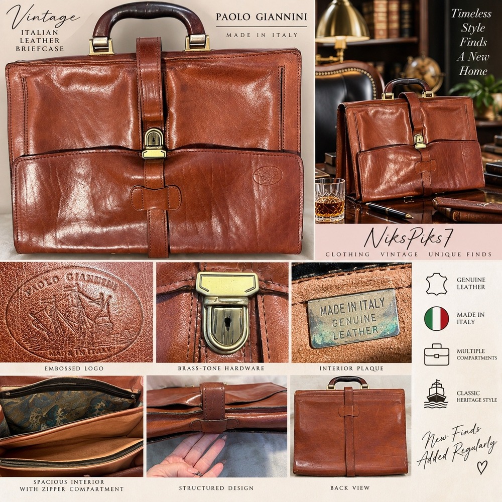Vintage Paolo Giannini Italian Leather Briefcase Cognac Brown Made in Italy